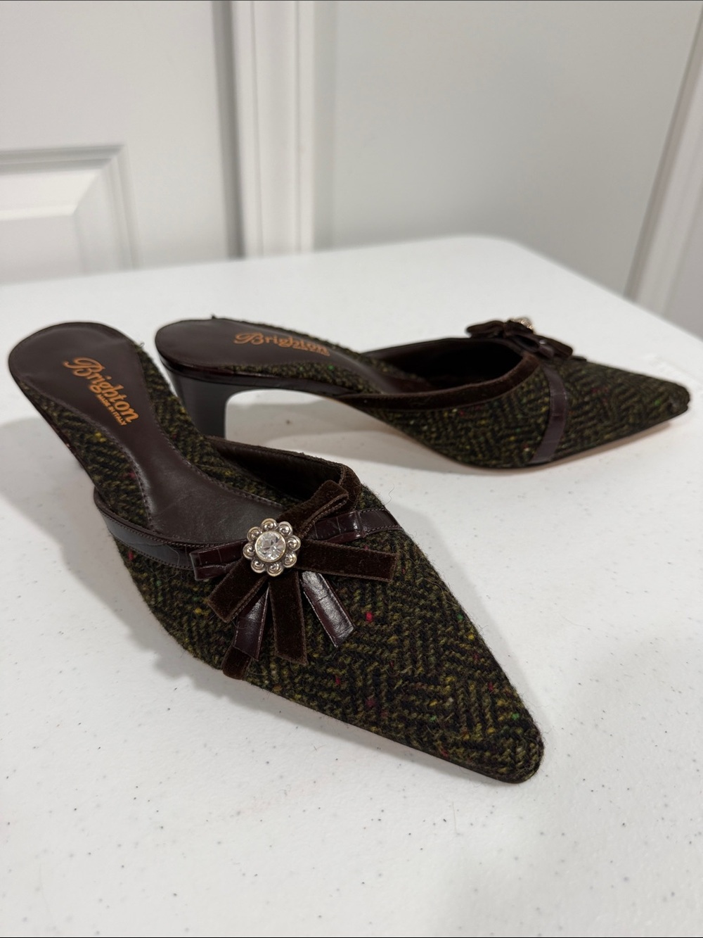 Vintage Brighton Olive Tweed Pointed Mule with Brown Bow and Jewel Accent